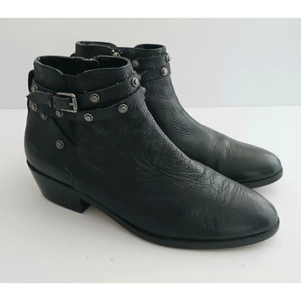 Halogen Lidia Blk Leather Moto Ankle Boot Studded Harness Buckle Strap Sz 8 - Picture 14 of 14